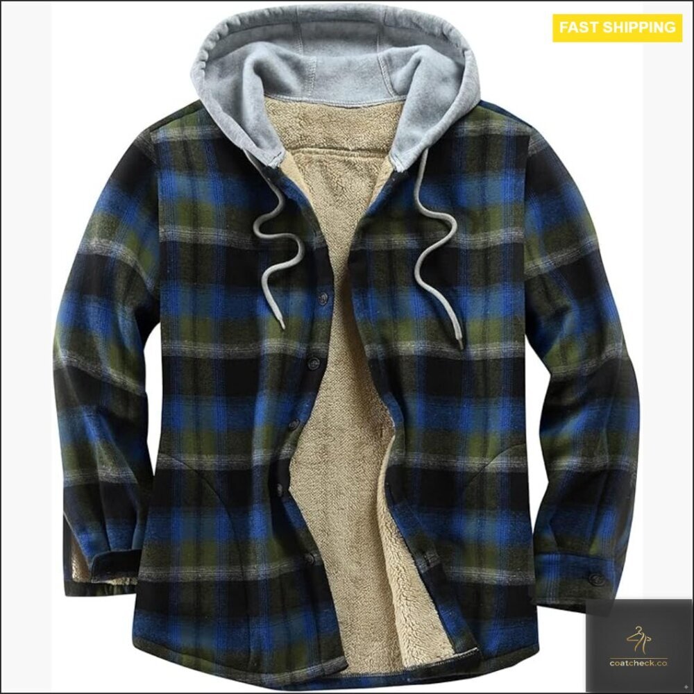 Men's Sherpa Lined Flannel Jacket Hooded Fleece Plaid Button Down Shirt